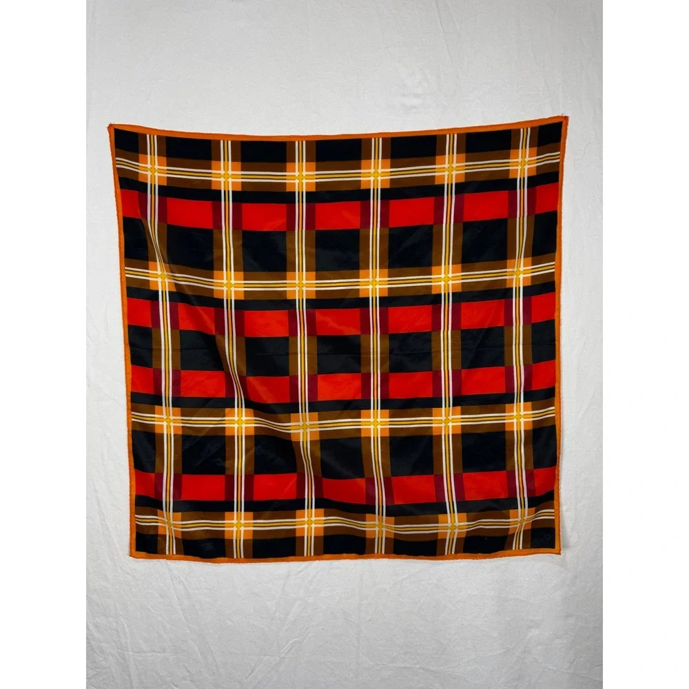 Orange Red Black Plaid Square Scarf Large Geometric Retro‎ Mod Head Wrap Wildrag